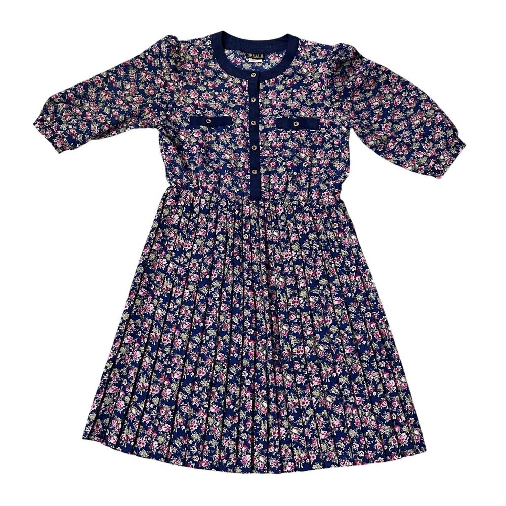 Vintage Floral Pleated Dress Navy Blue Pink Rose 80s Union Made USA Button Front - Picture 2 of 9